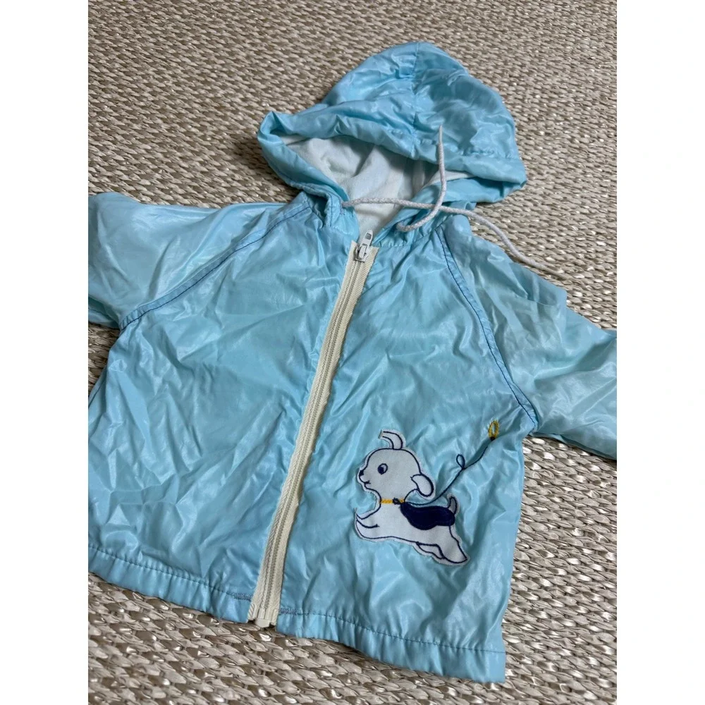 Vintage Wonderalls Light Blue Puppy Dog Hooded Windbreaker Jacket 80's 18 months